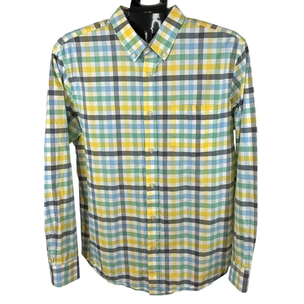 Banana Republic Mens Soft Wash Standard Fit Gingham Shirt Yellow Blue Green‎ L
